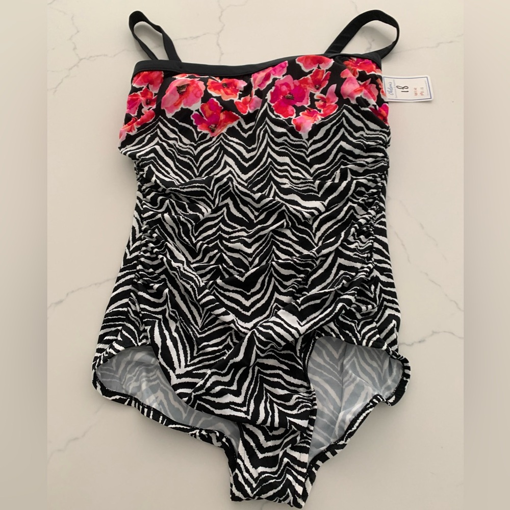 MAXINE OF HOLLYWOOD Sz 18 One Piece Swimsuit, Black Print, Pink floral NWT